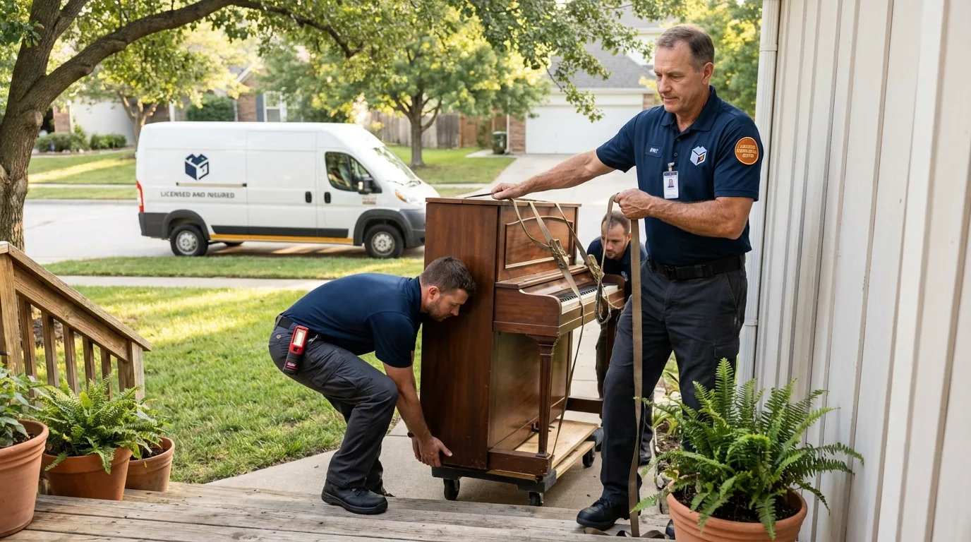 Licensed piano movers securing grand piano in Galesburg, IL