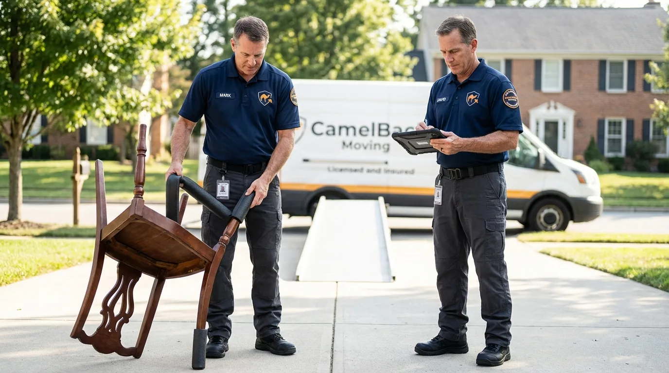 Movers inspecting furniture for damage prevention before loading in Galesburg, IL