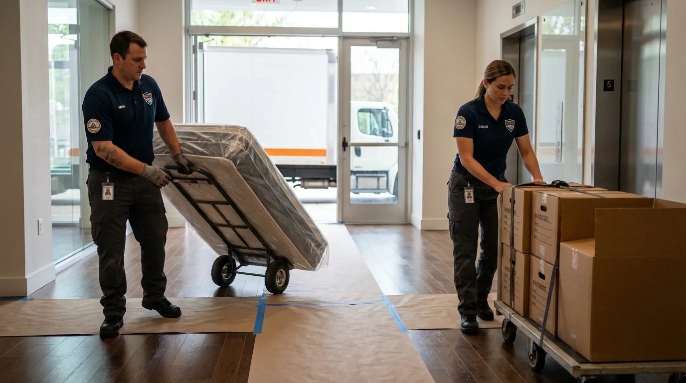 Professional apartment movers loading elevator in Galesburg, IL