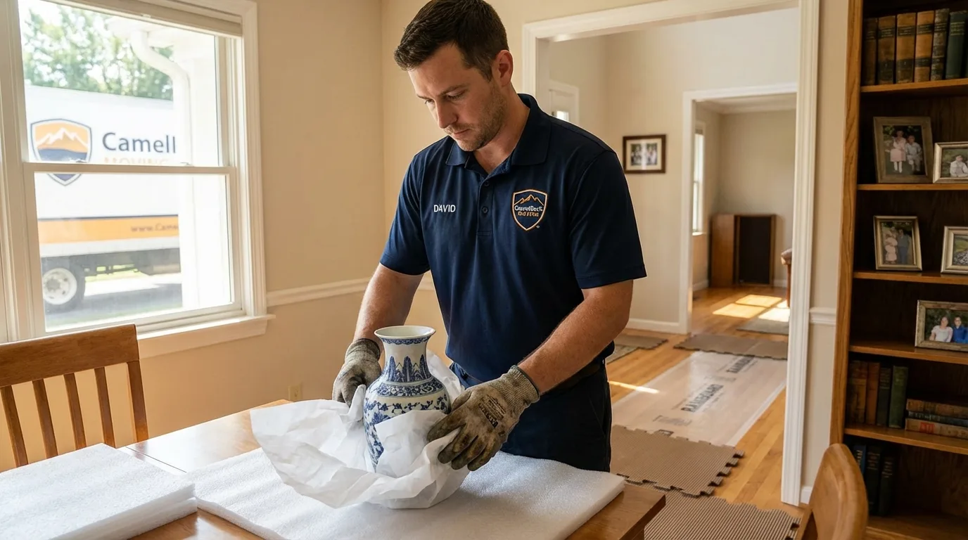 Professional crew carefully wrapping antique vase for senior downsizing move in Galesburg, IL